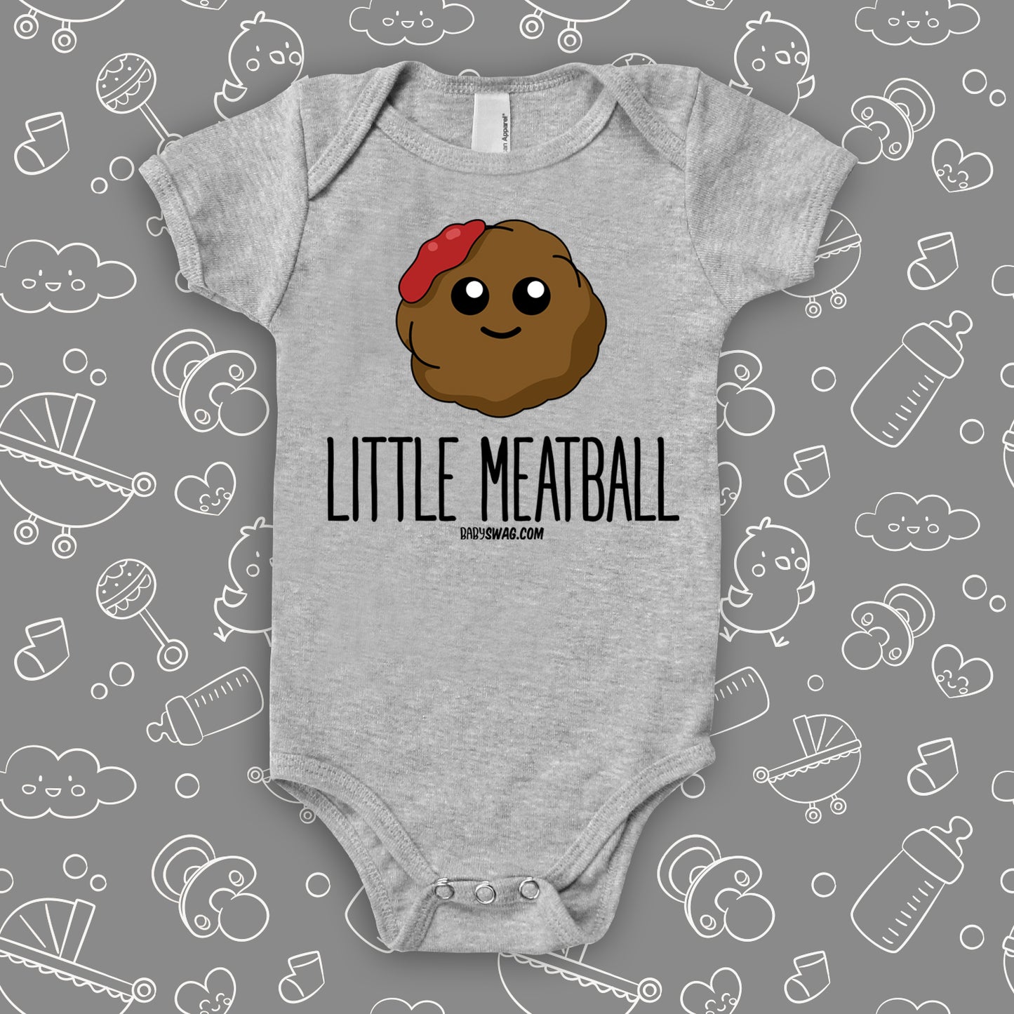 Graphic baby onesie saying "Little Meatball" in color grey.
