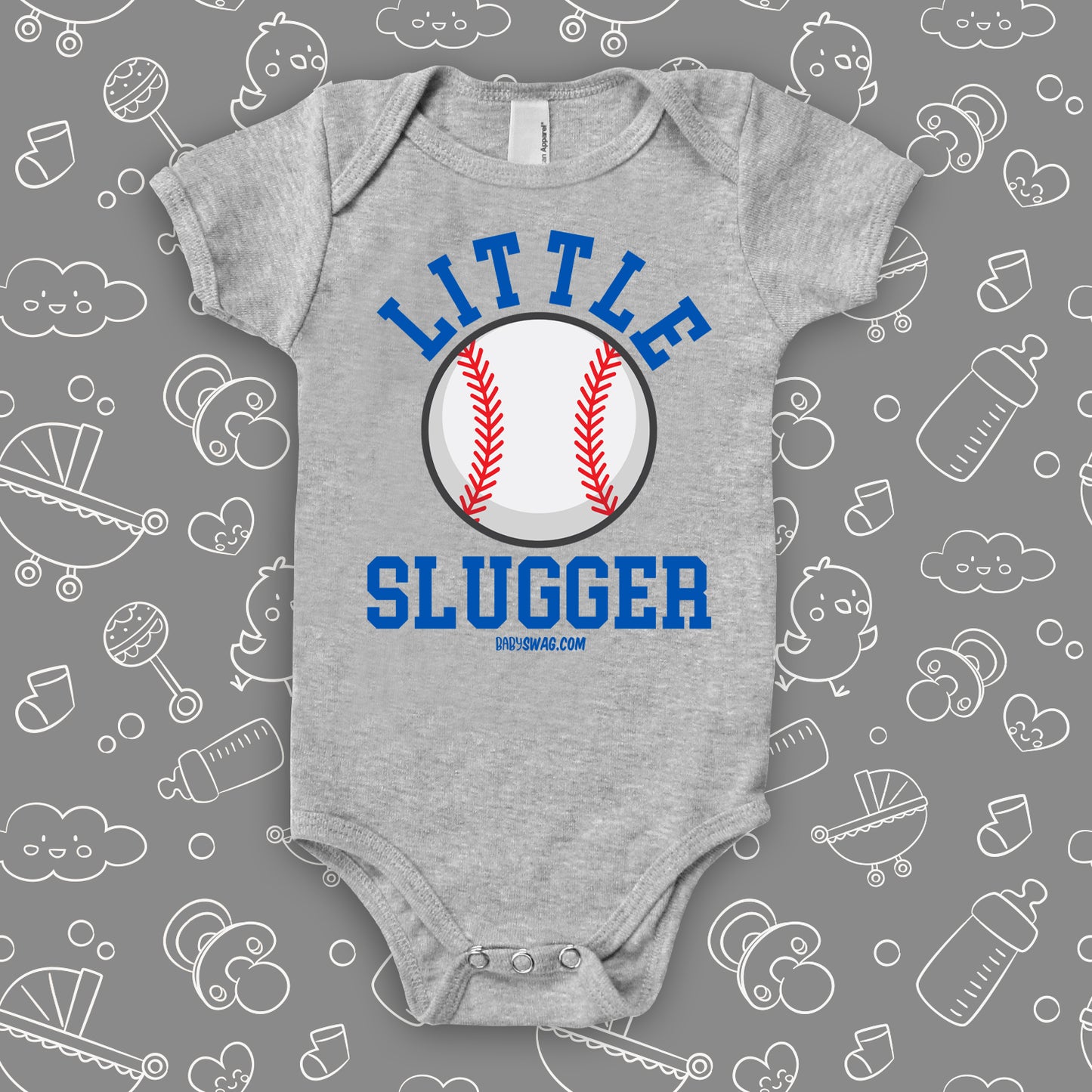 Graphic baby onesies with baseball print on it and saying "Little Slugger" in grey