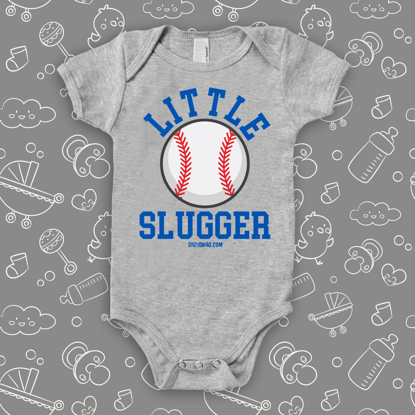 Graphic baby onesies with baseball print on it and saying "Little Slugger" in grey 