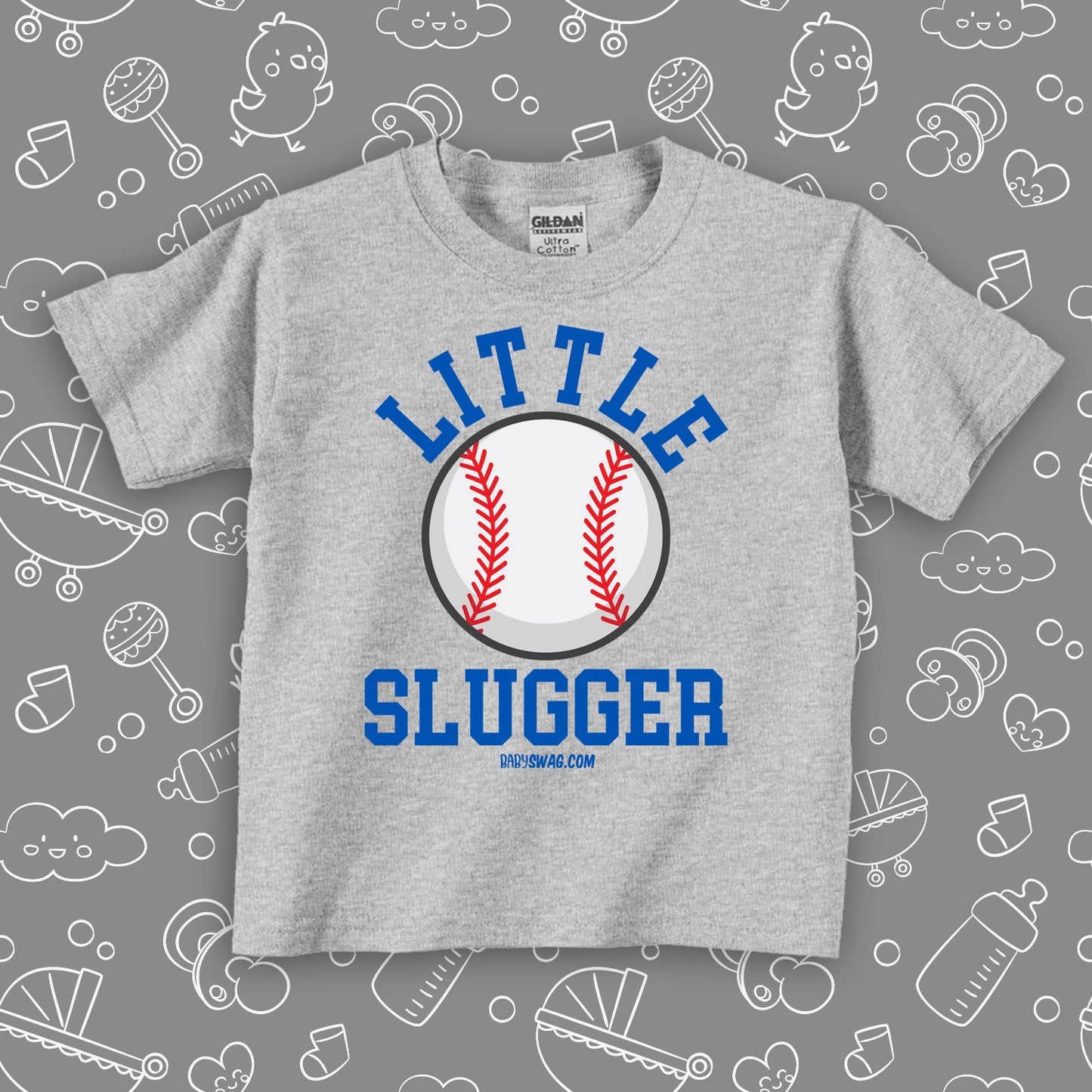 Toddler boy graphich tees with saying "Little Slugger" in grey.