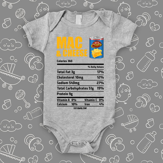 The "Mac & Cheese Nutrition Facts" graphic baby onesies in grey.