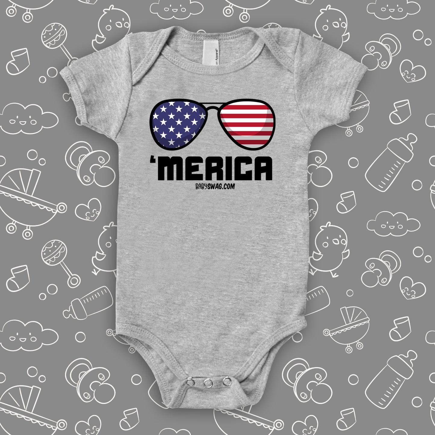 Funny infant onesie with saying "'Merica" in grey.