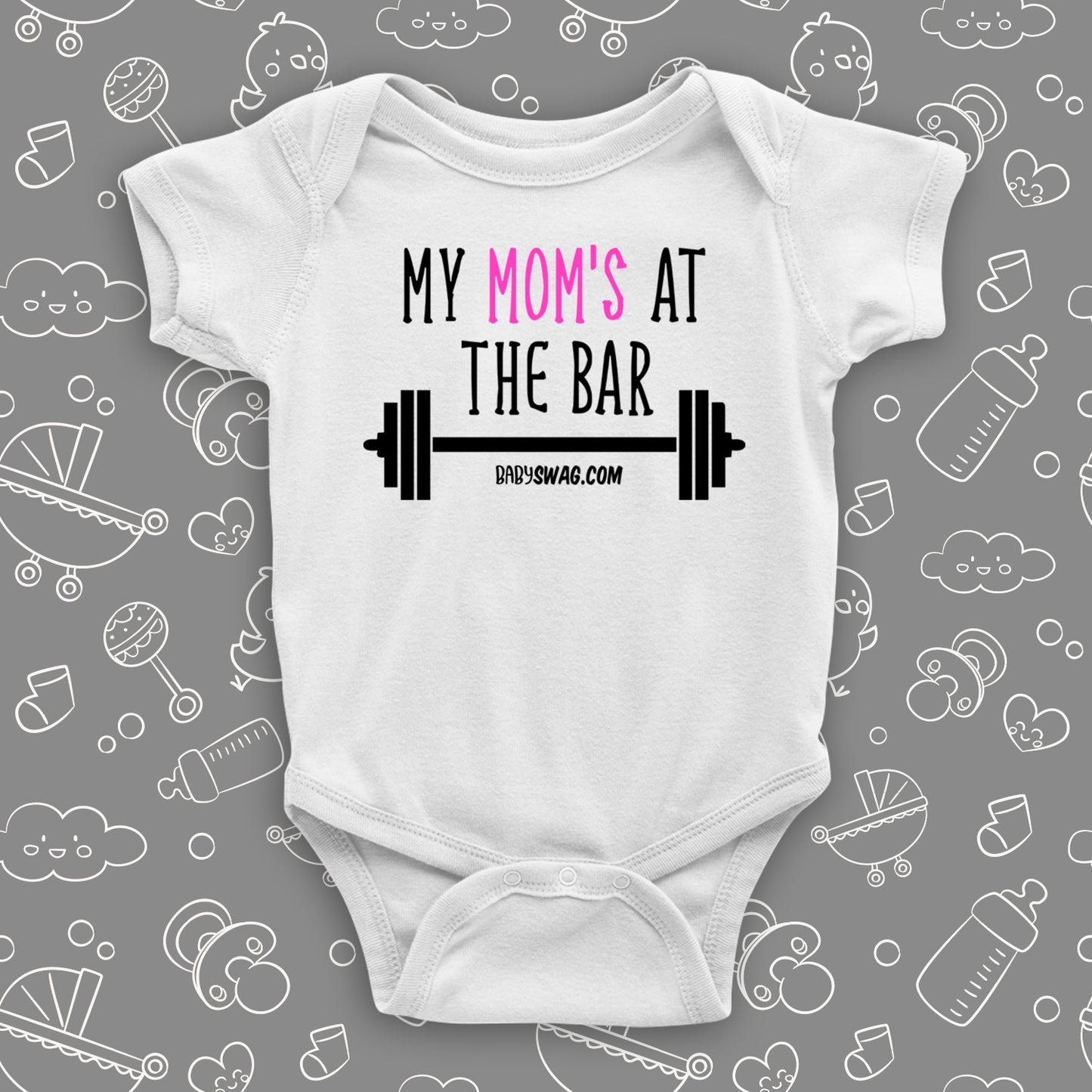 Cool baby onesies with saying: "Mom's At The Bar" in white.