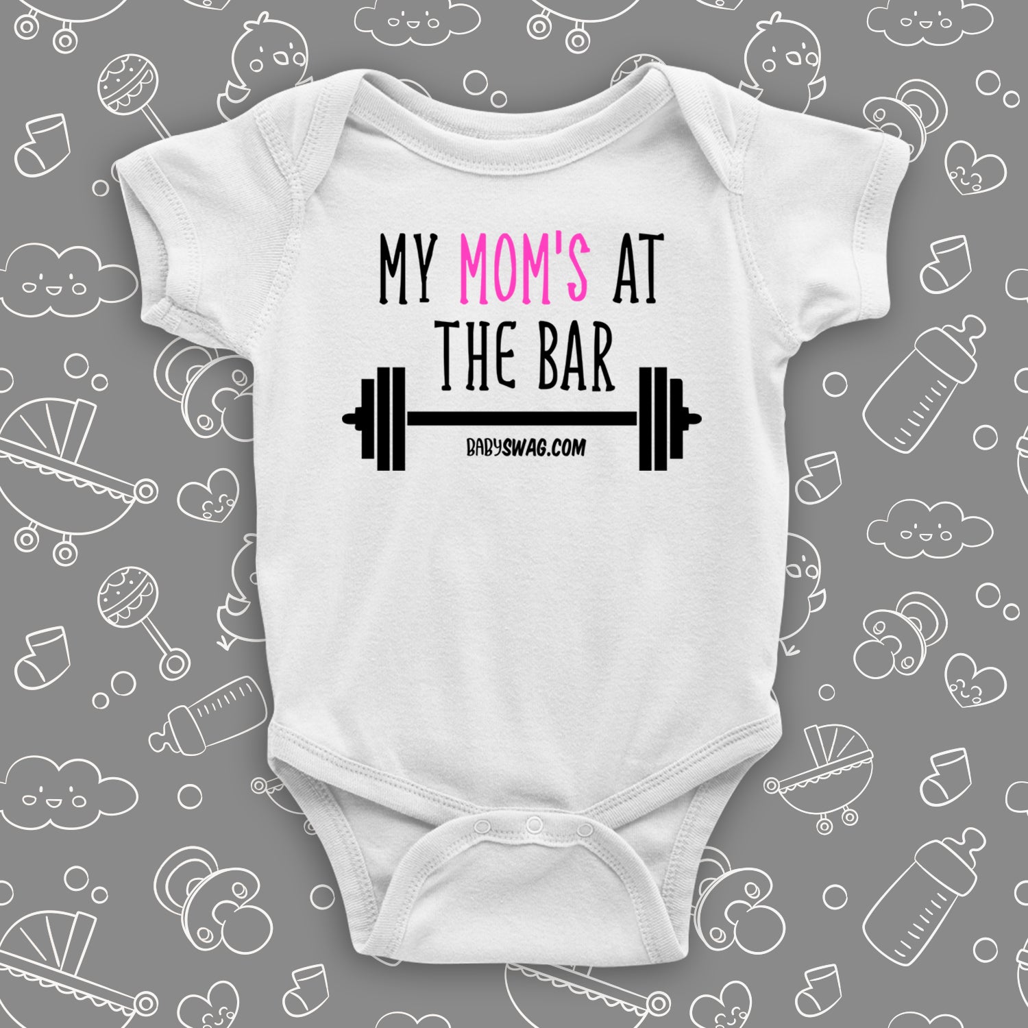 Cool baby onesies with saying: "Mom's At The Bar" in white.