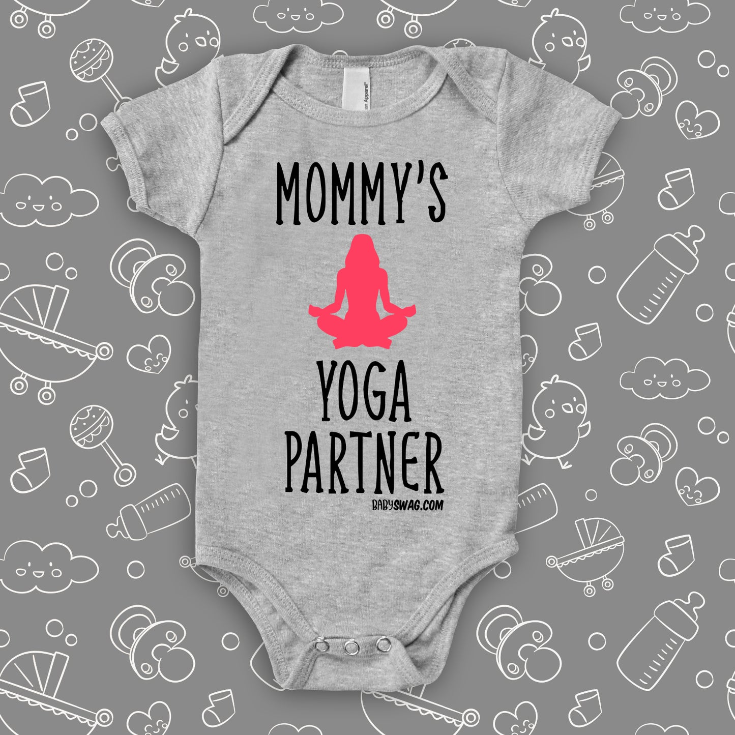 Cute baby onesies with saying "Mommy's Yoga Partner" in grey.