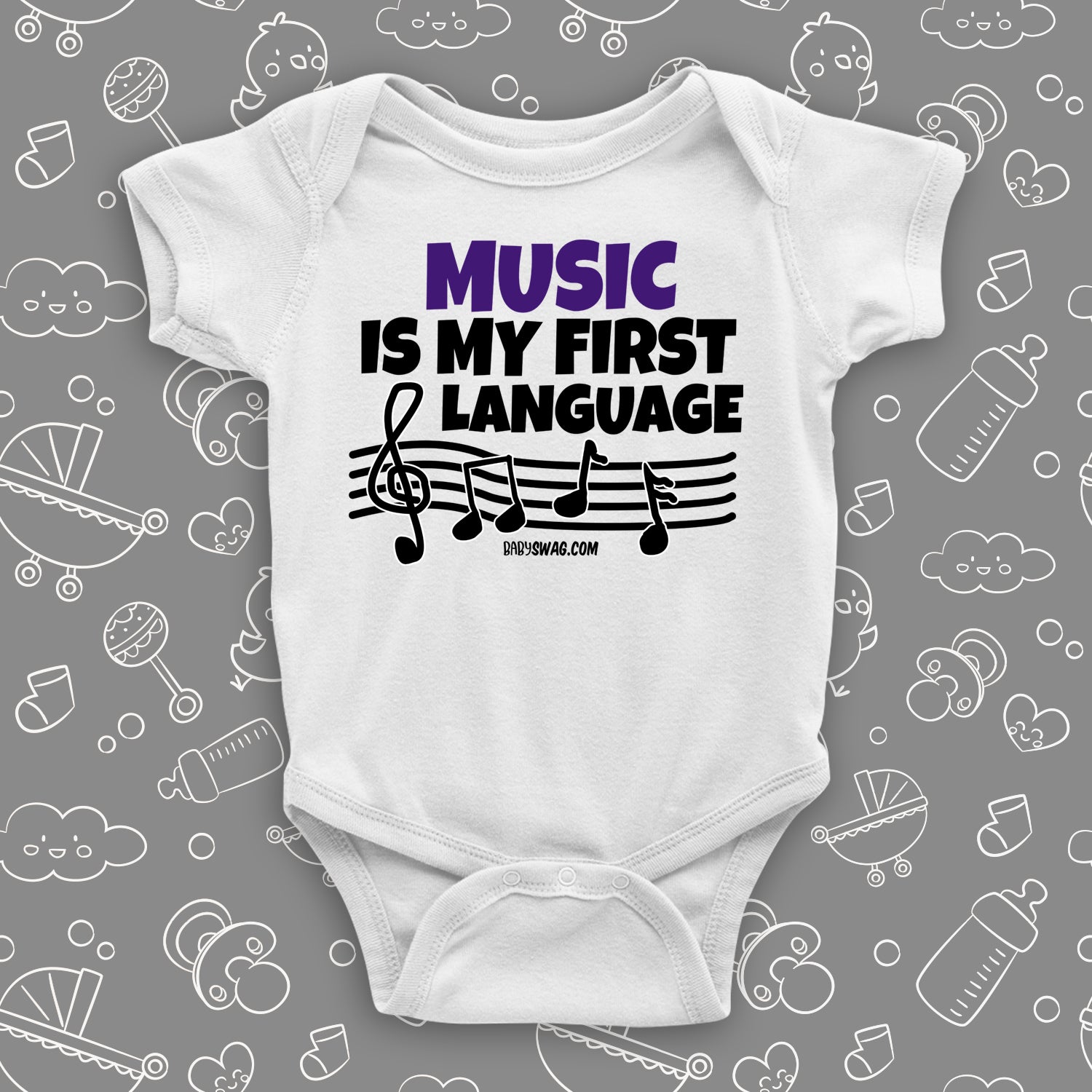 Cute baby onesies with saying "Music Is My First Language" in white.