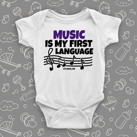 Cute baby onesies with saying "Music Is My First Language" in white.