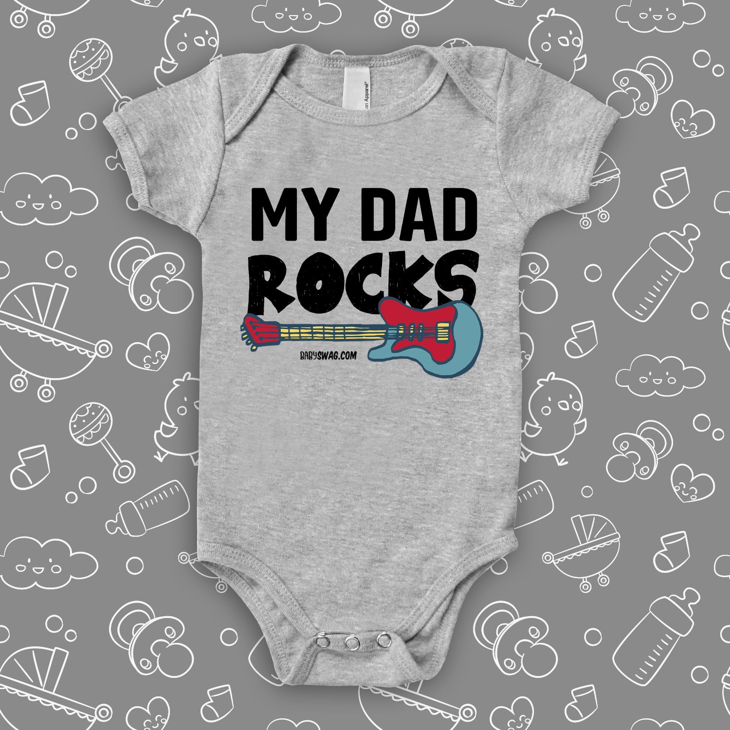 Cool baby onesies with saying "My Dad Rocks" in grey.