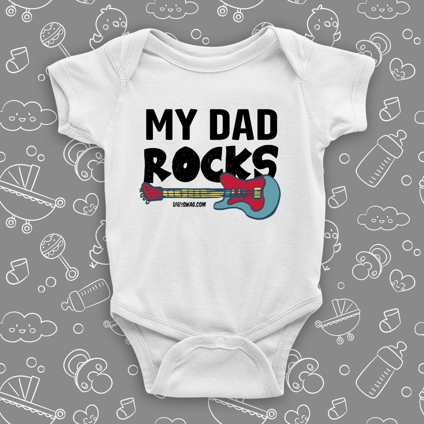 Cool baby onesies with saying "My Dad Rocks" in white.
