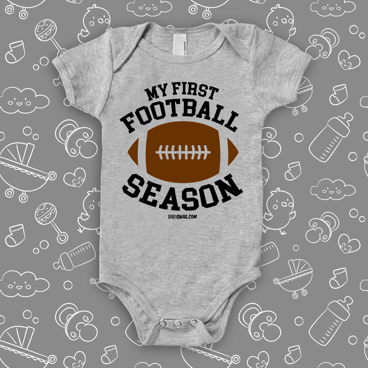 The "My First Football Season" cute baby boy onesies in grey.