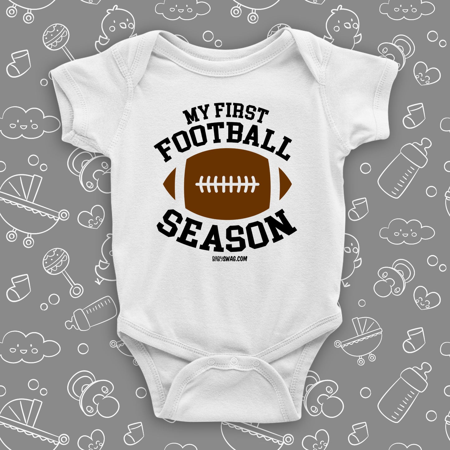 The "My First Football Season" cute baby boy onesies in white.