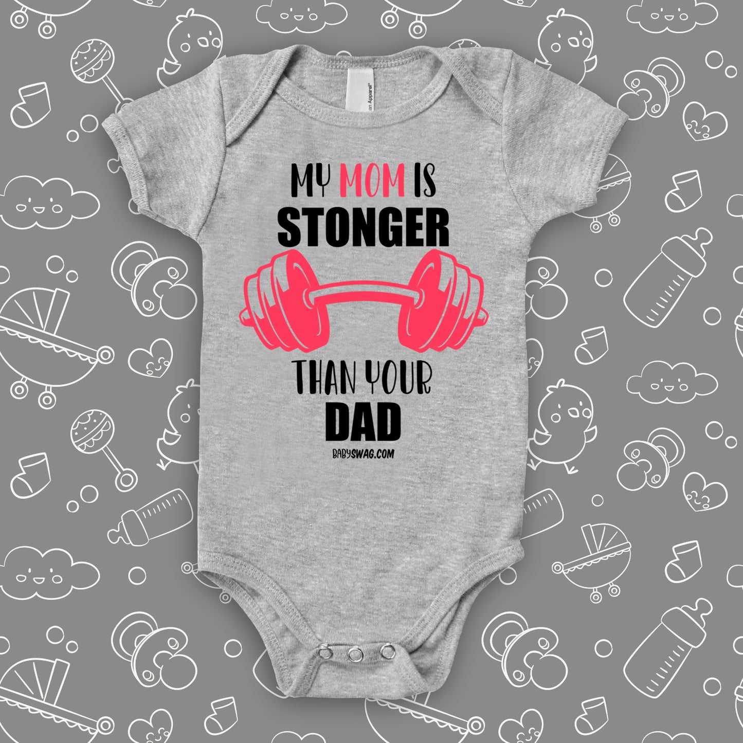 The ''My Mom Is Stronger Than Your Dad'' cool baby onesie in grey.