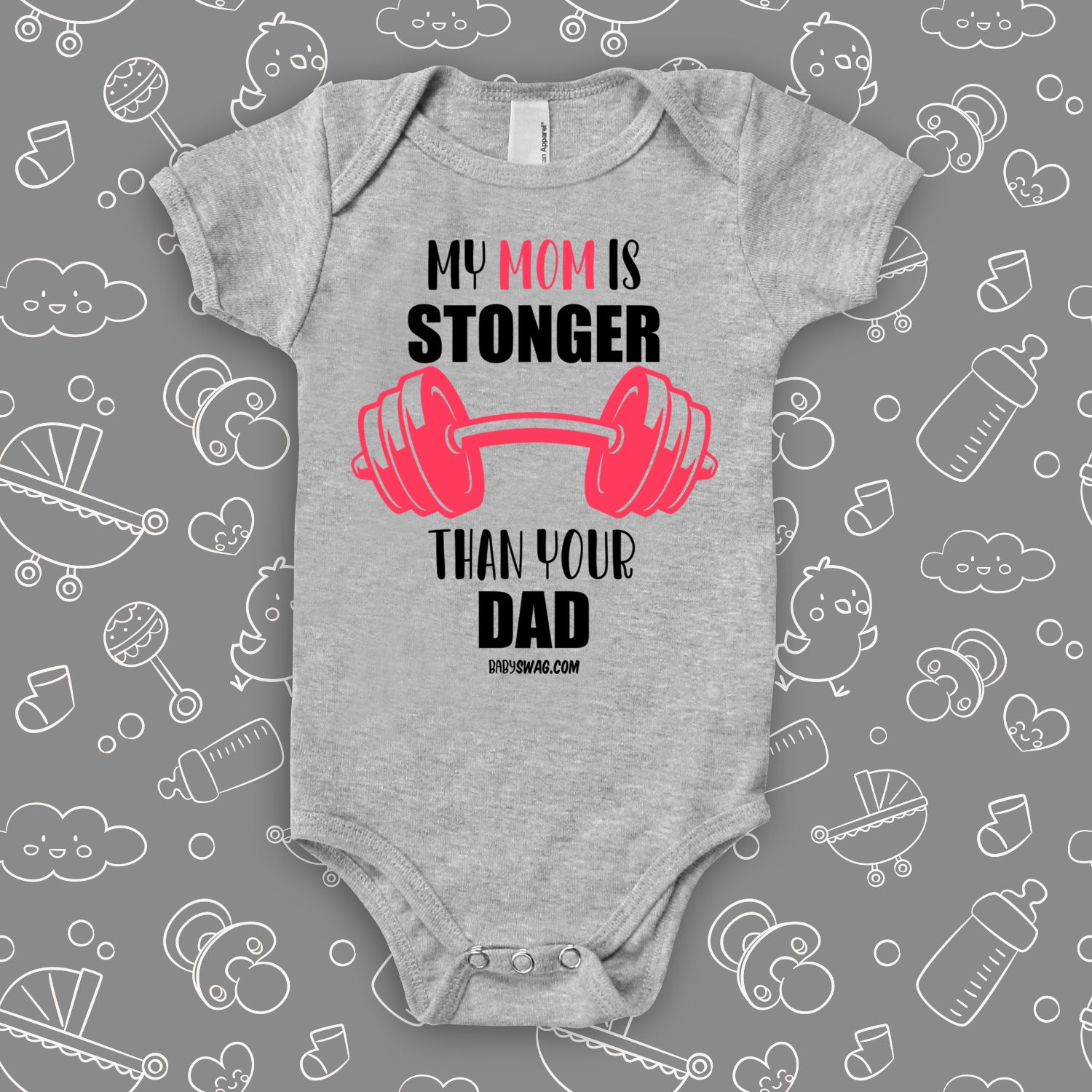 The ''My Mom Is Stronger Than Your Dad'' cool baby onesie in grey.
