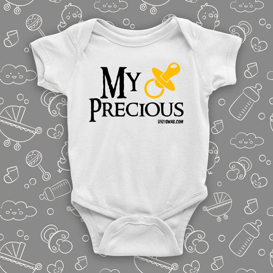 The "My Precious" baby onesies in white.