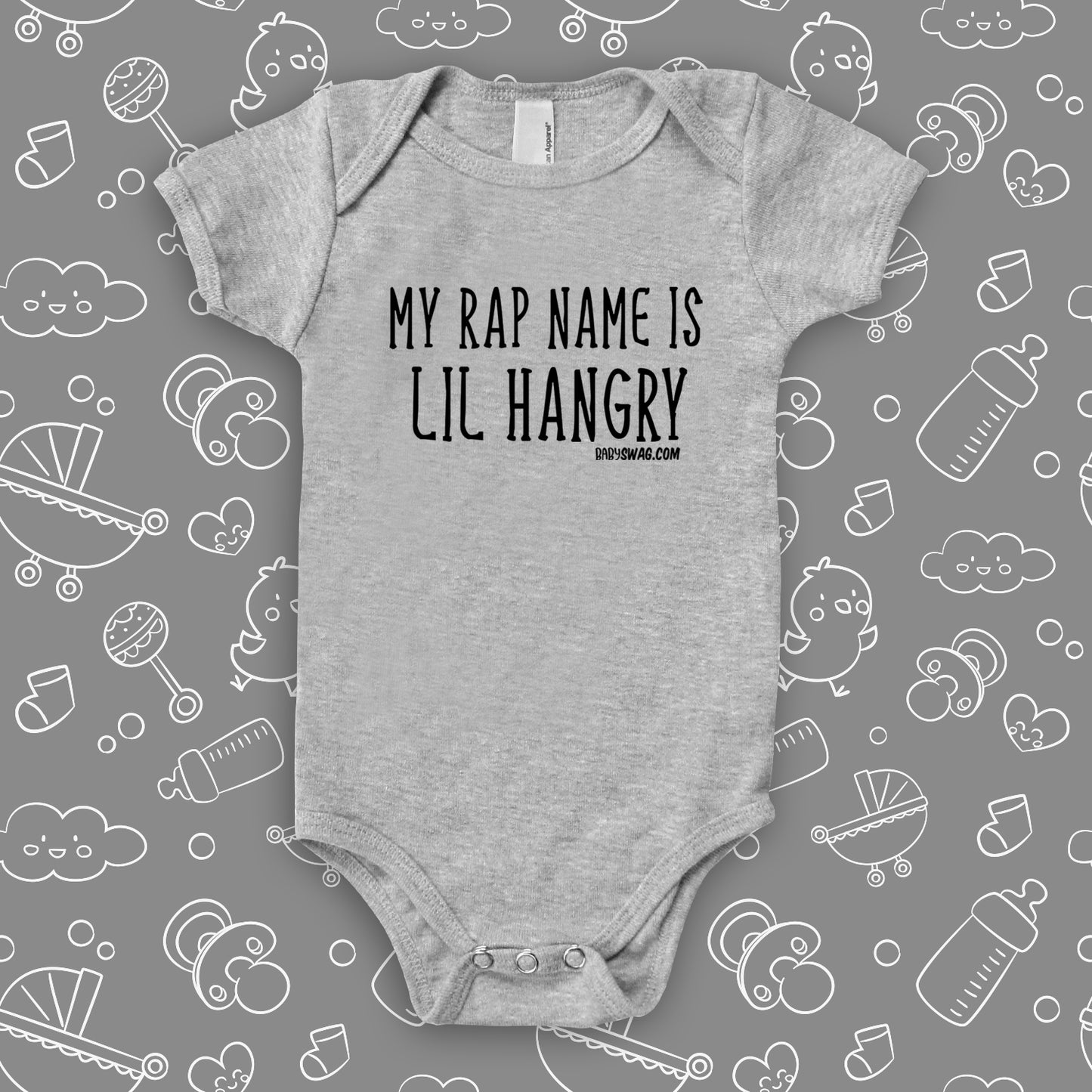 Funny baby onesies with saying "My Rap Name Is Lil Hangry" in grey.