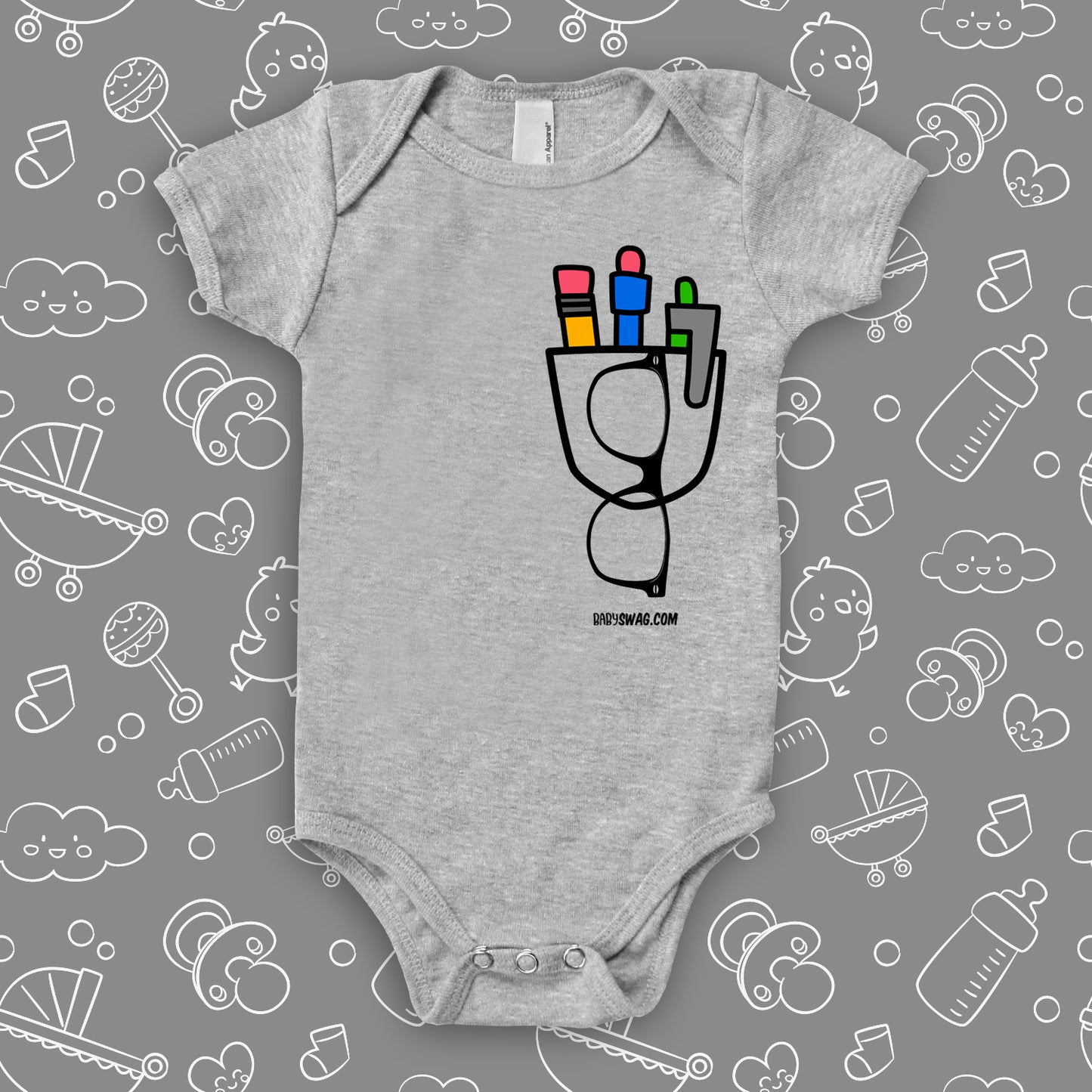 "The Nerdy Pocket" cute baby onesies in grey.