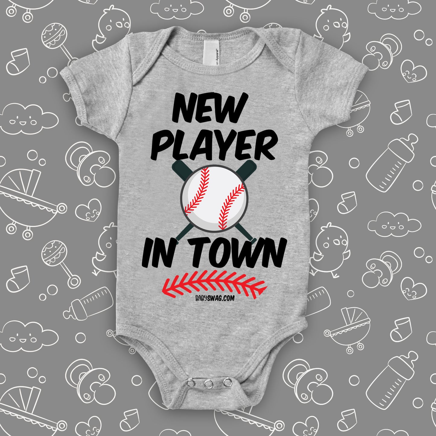 Unique baby onesie with saying "New Player In Town" in grey.
