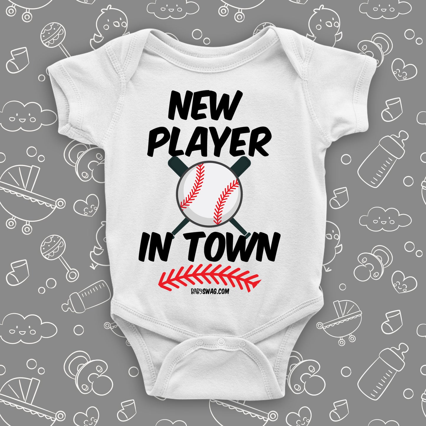 Unique baby onesies with saying "New Player In Town" in white.