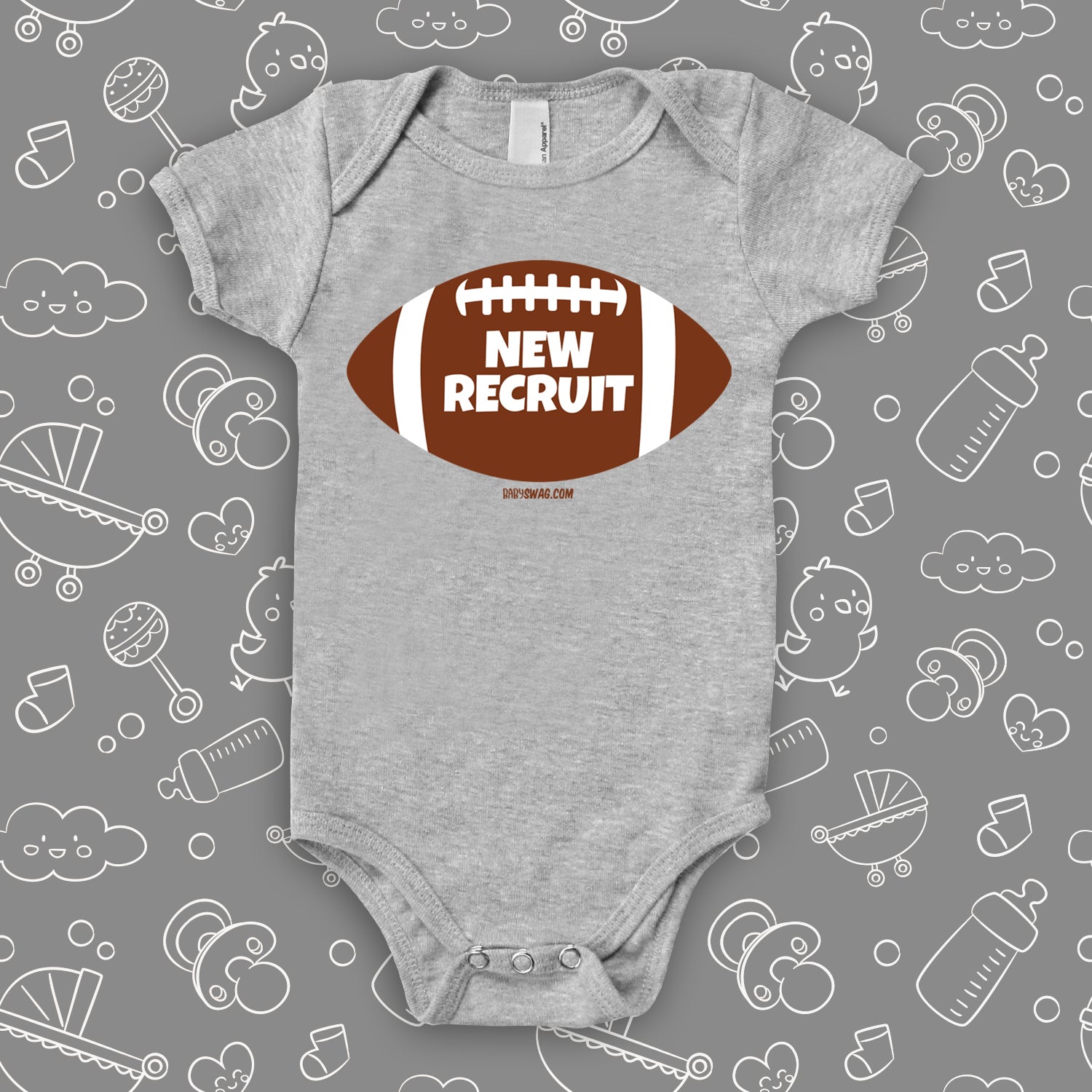 Funny baby boy onesie with a picture of a football and "New Recruit" print, color grey. 