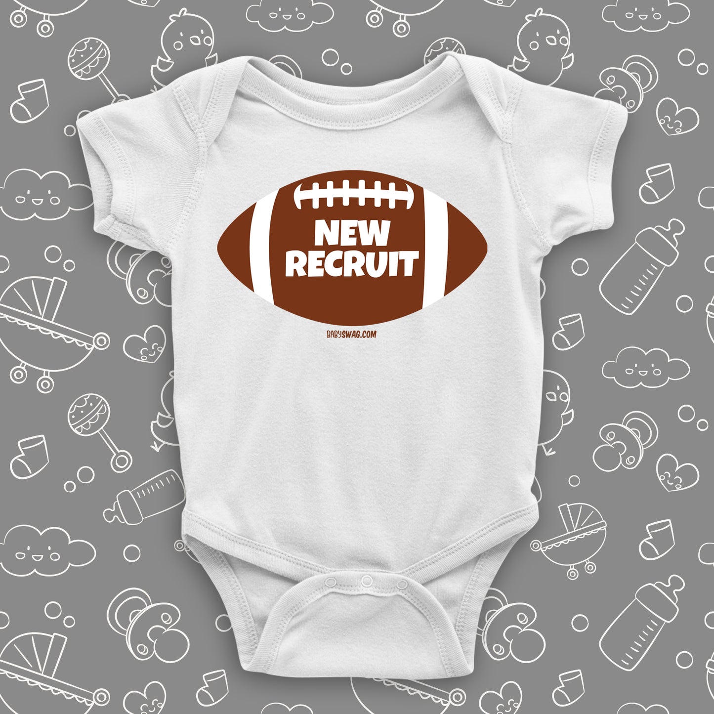 Funny baby boy onesie with a picture of a football and "New Recruit" print, color white.