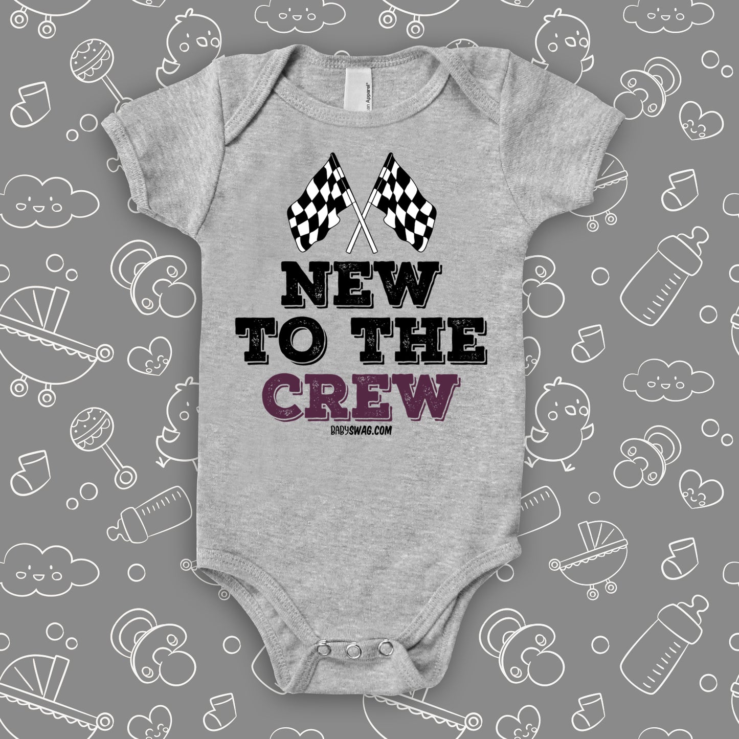 A grey baby boy onesie with "New To The Crew" print.