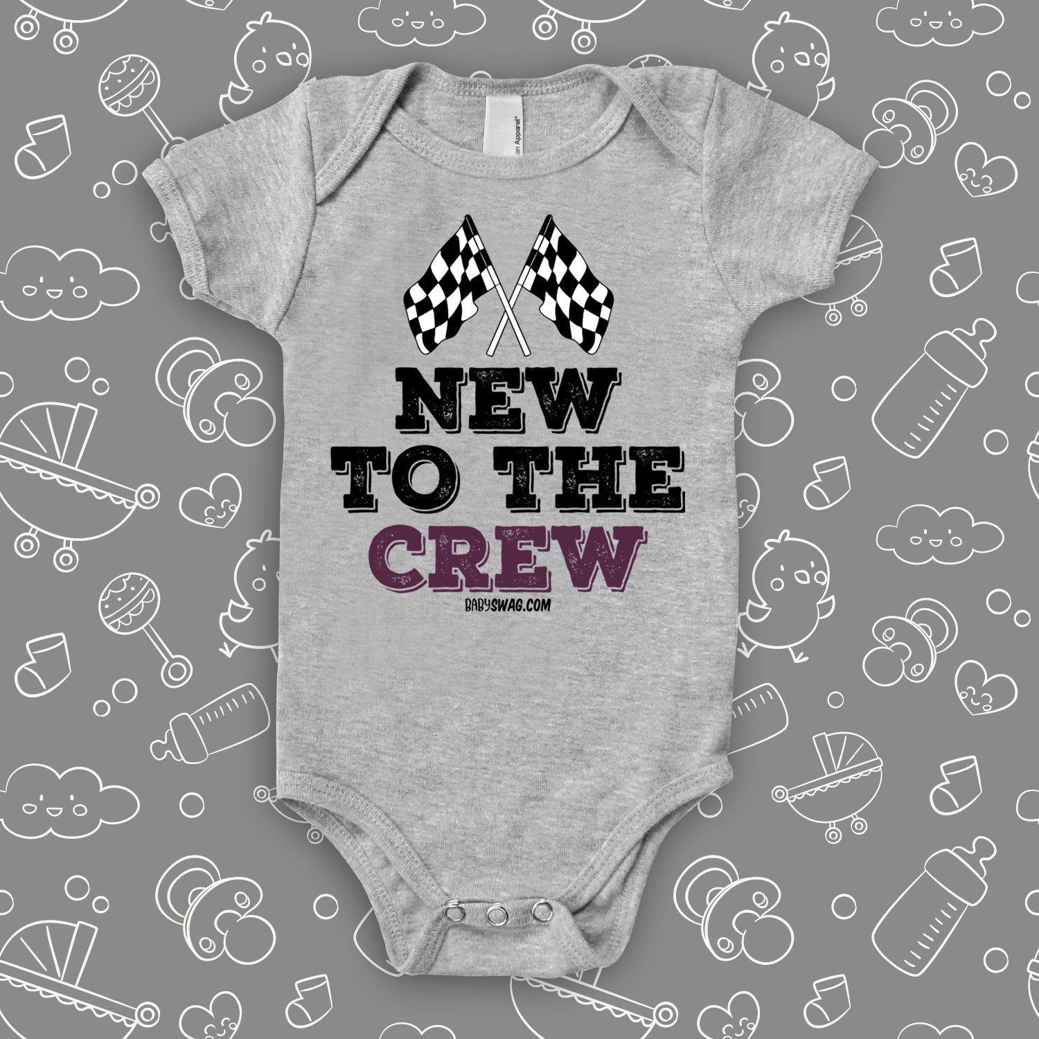 A grey baby boy onesie with "New To The Crew" print.