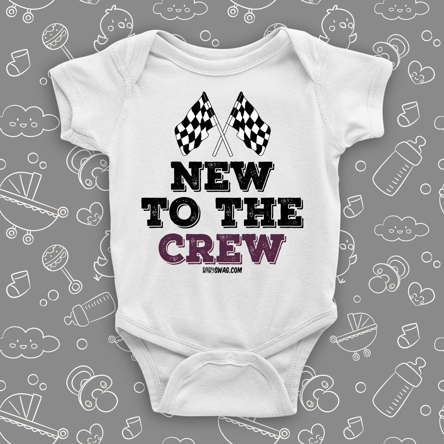 A white baby boy onesie with "New To The Crew" print.