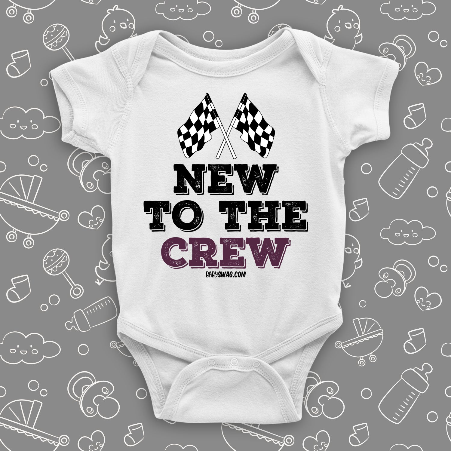 A white baby boy onesie with "New To The Crew" print.