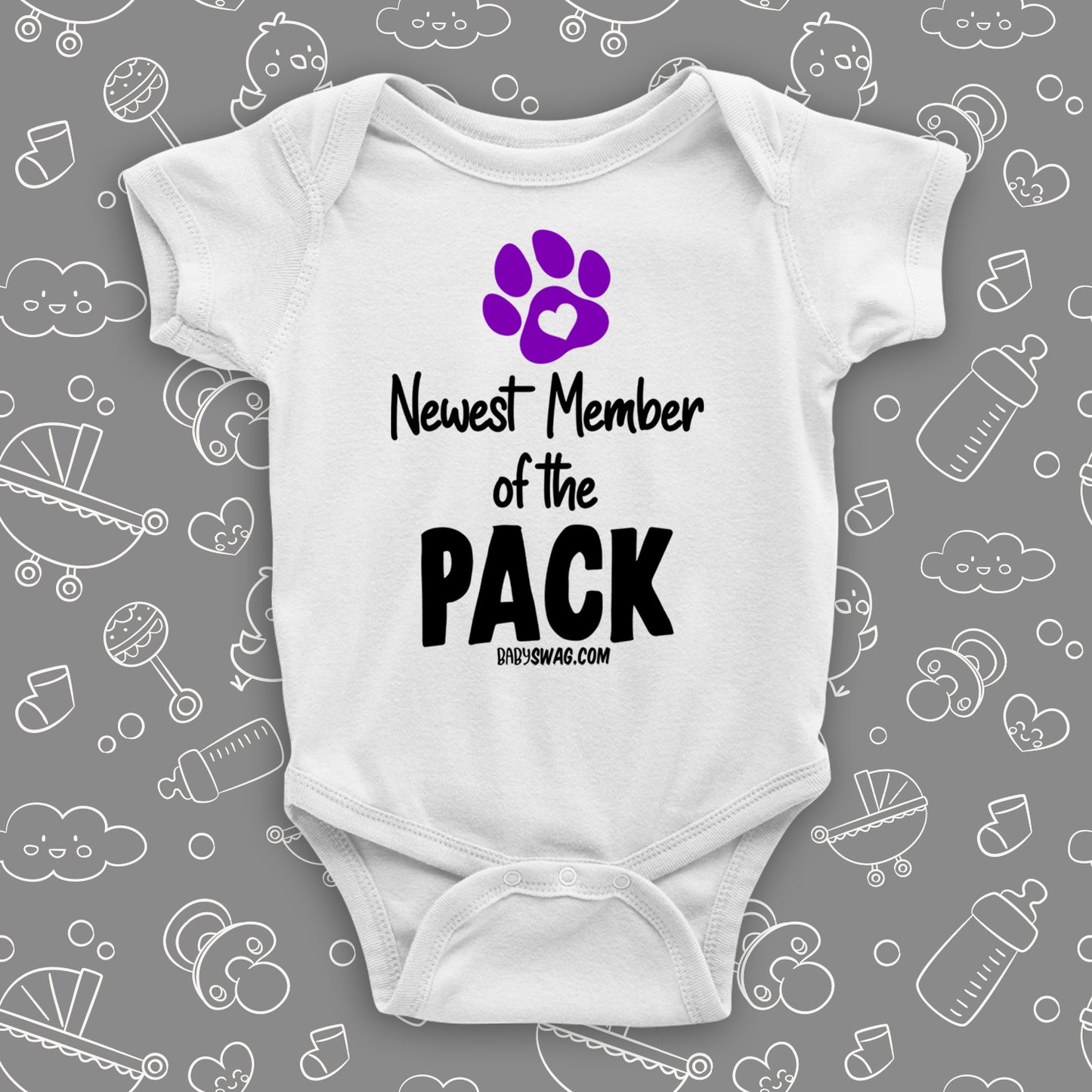 The "Newest Member of the Pack" hilarious baby onesie in white.