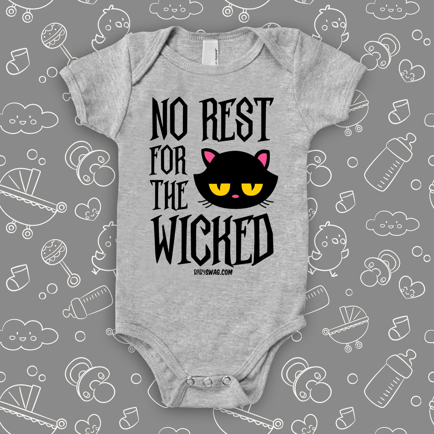 Cute baby girl onesies with saying "No Rest For The Wicked" in grey.