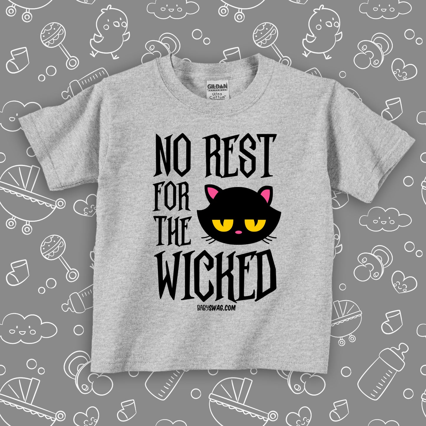 Funny toddler shirt with saying "No Rest For The Wicked" in grey.