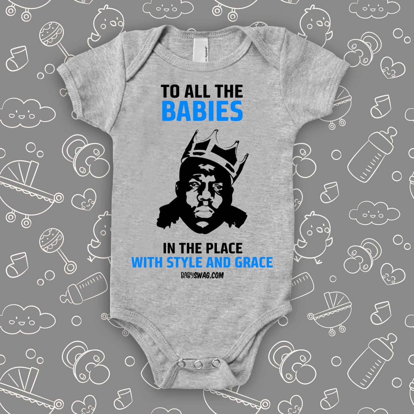 The "Notorious Big Biggie" unique baby onesie in grey. 