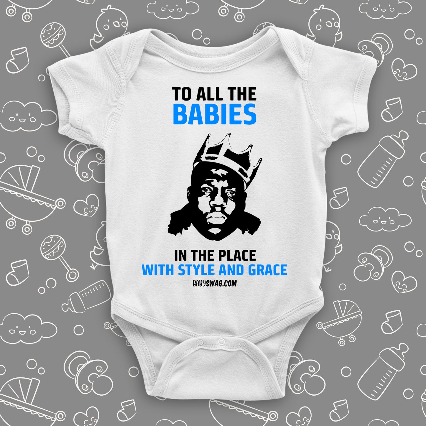 The "Notorious Big Biggie" unique baby onesies in white.