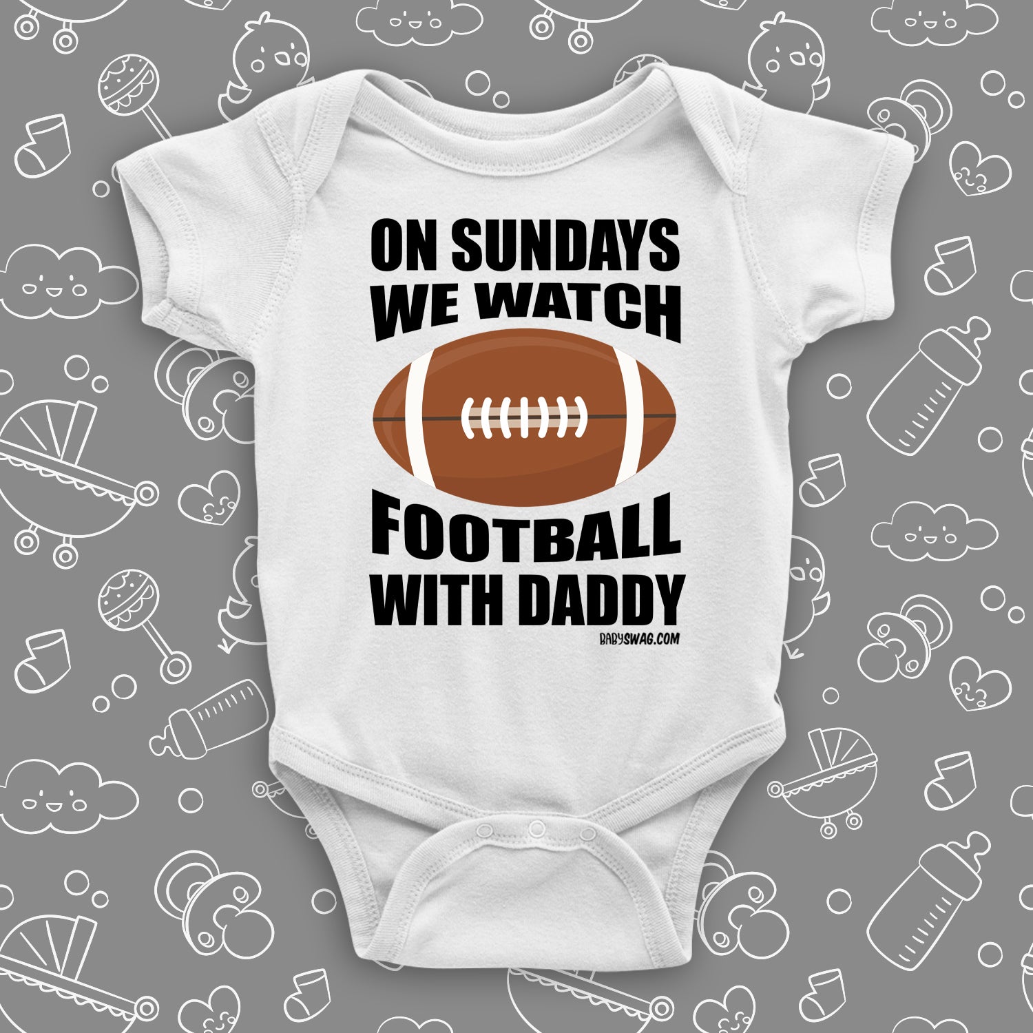 Cute baby boy onesies with saying: "On Sunday We Watch Foodball With Daddy" in white.