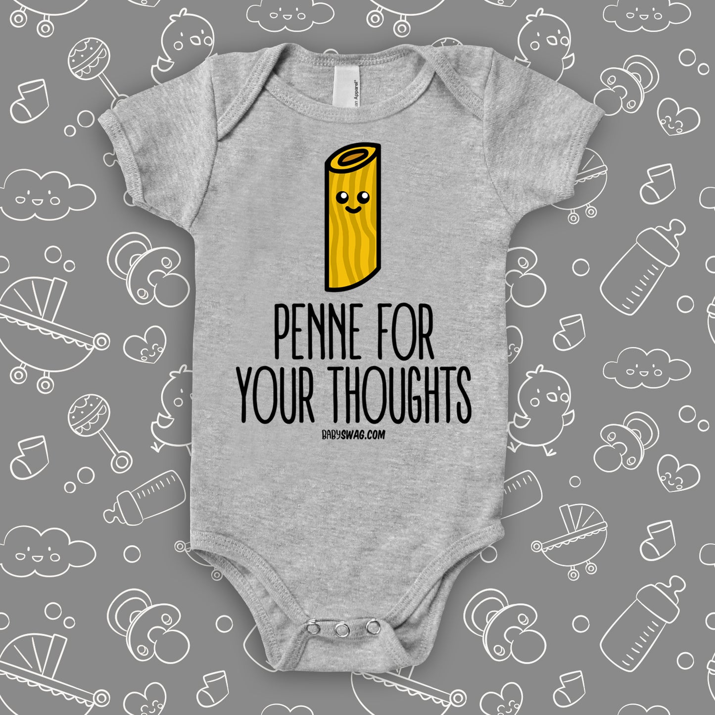 The ''Penne For Your Thoughts'' cute baby onesies in grey.