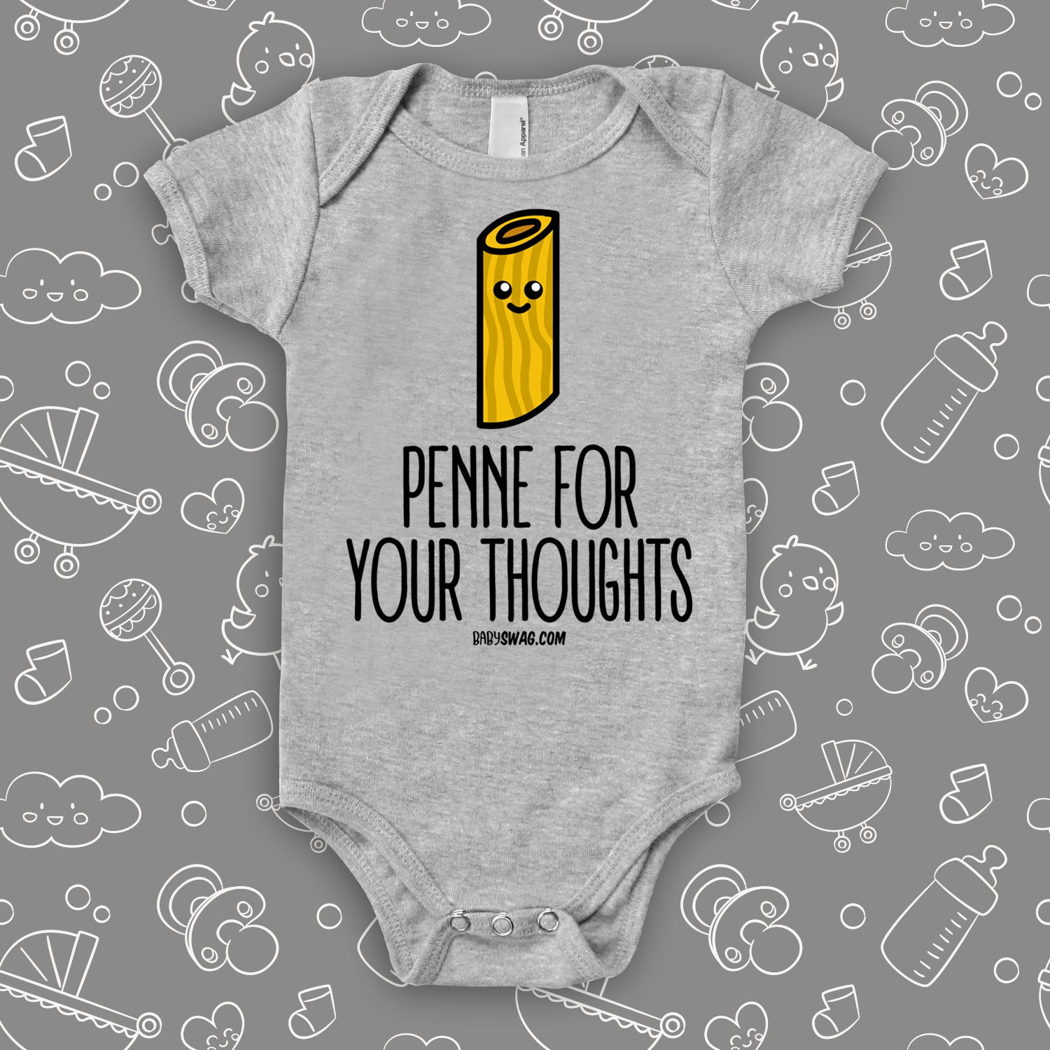 The ''Penne For Your Thoughts'' cute baby onesies in grey.