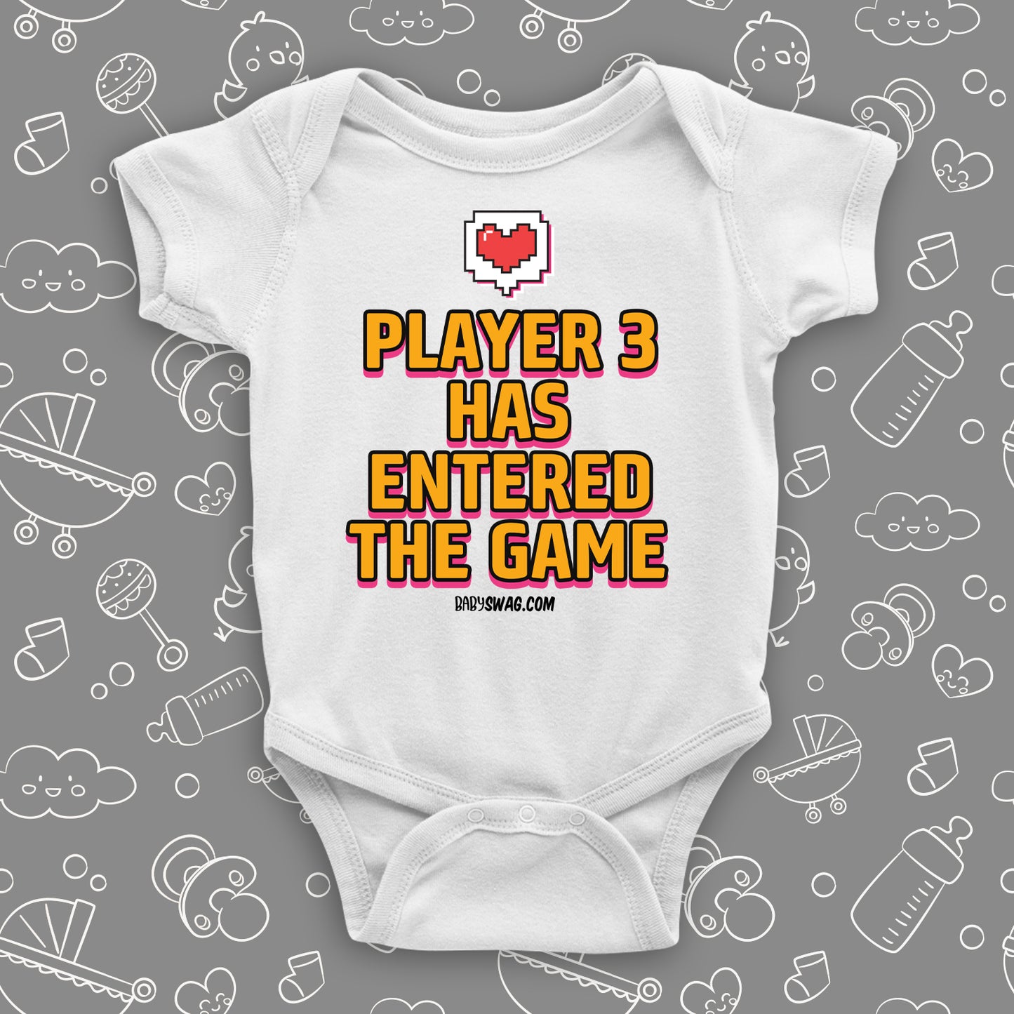 The "Player 3 Has Entered The Game" funny infant onesies in white.