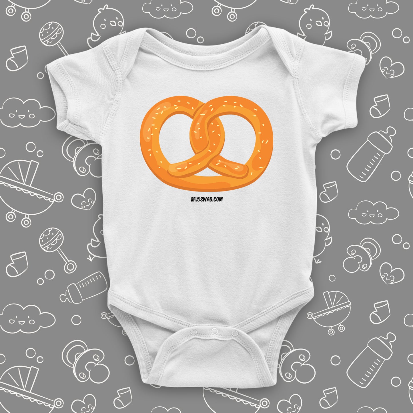 Cute baby onesie with an image of a pretzel, color white.
