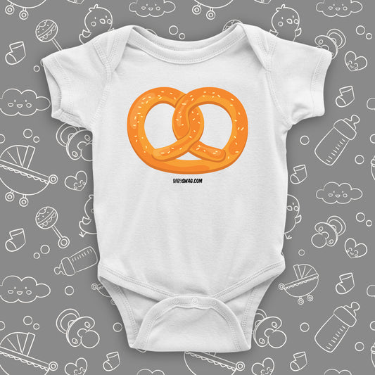 Cute baby onesie with an image of a pretzel, color white.
