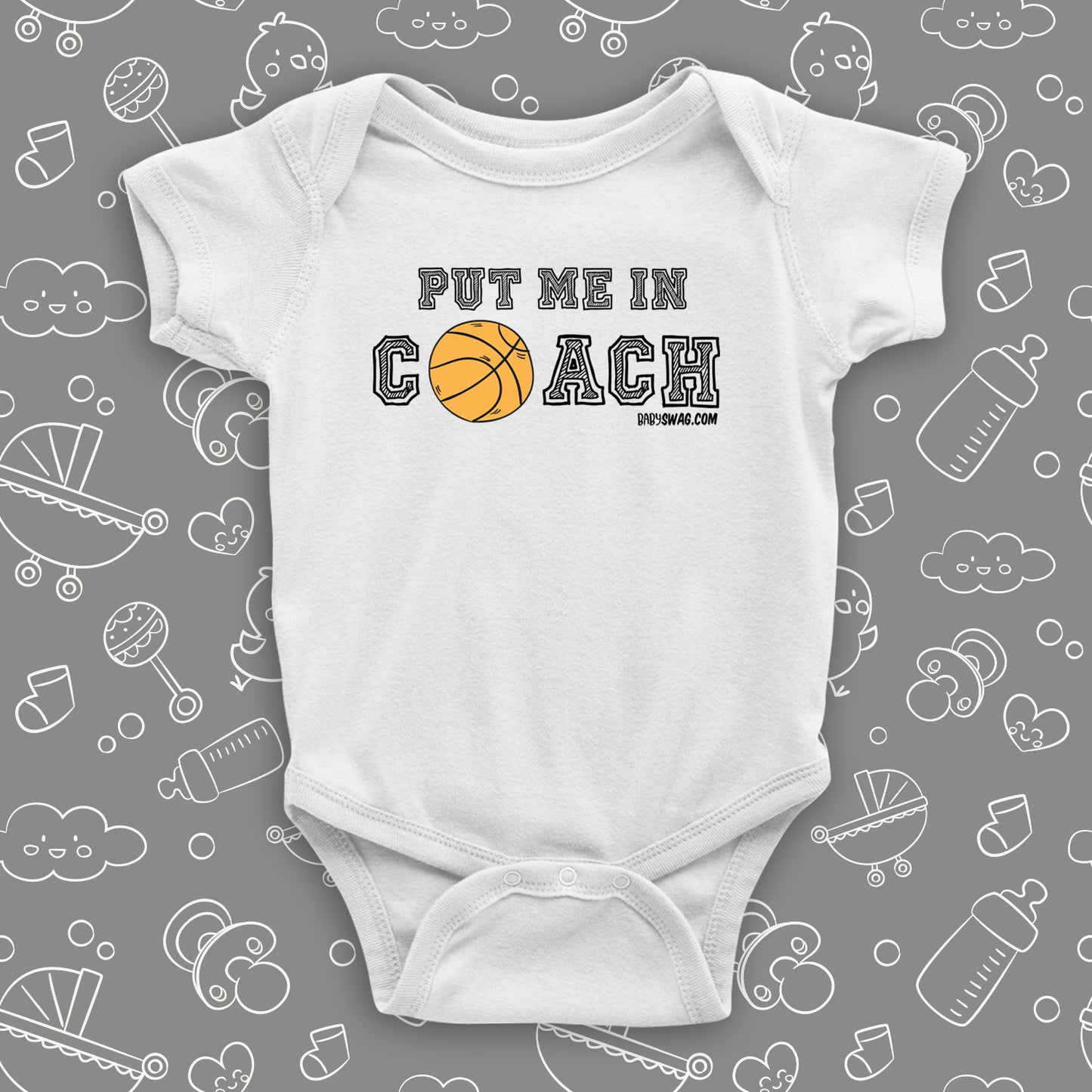 Unique baby boy onesies with saying "Put Me In Coach" in white.