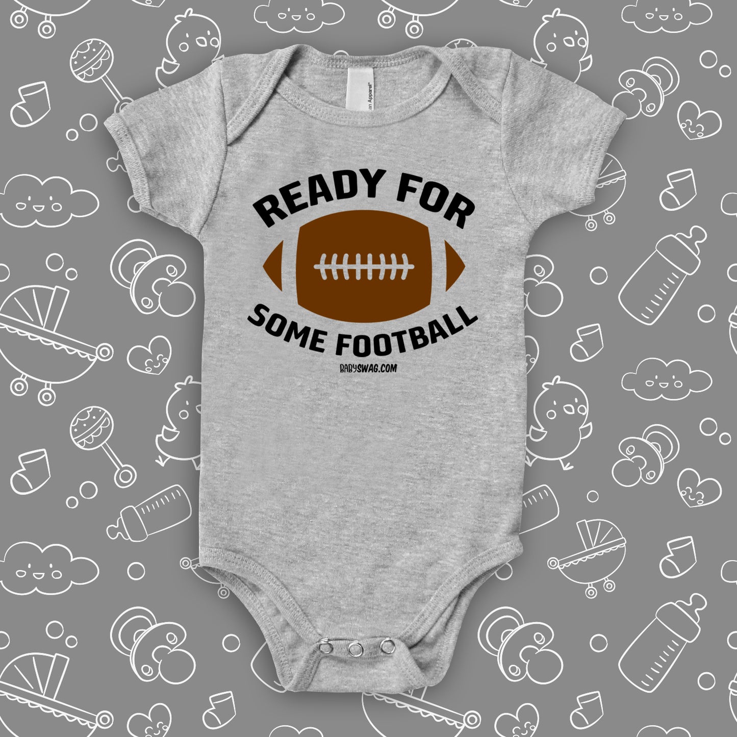 Cute baby boy onesies with saying: "Ready For Some Football" in grey.