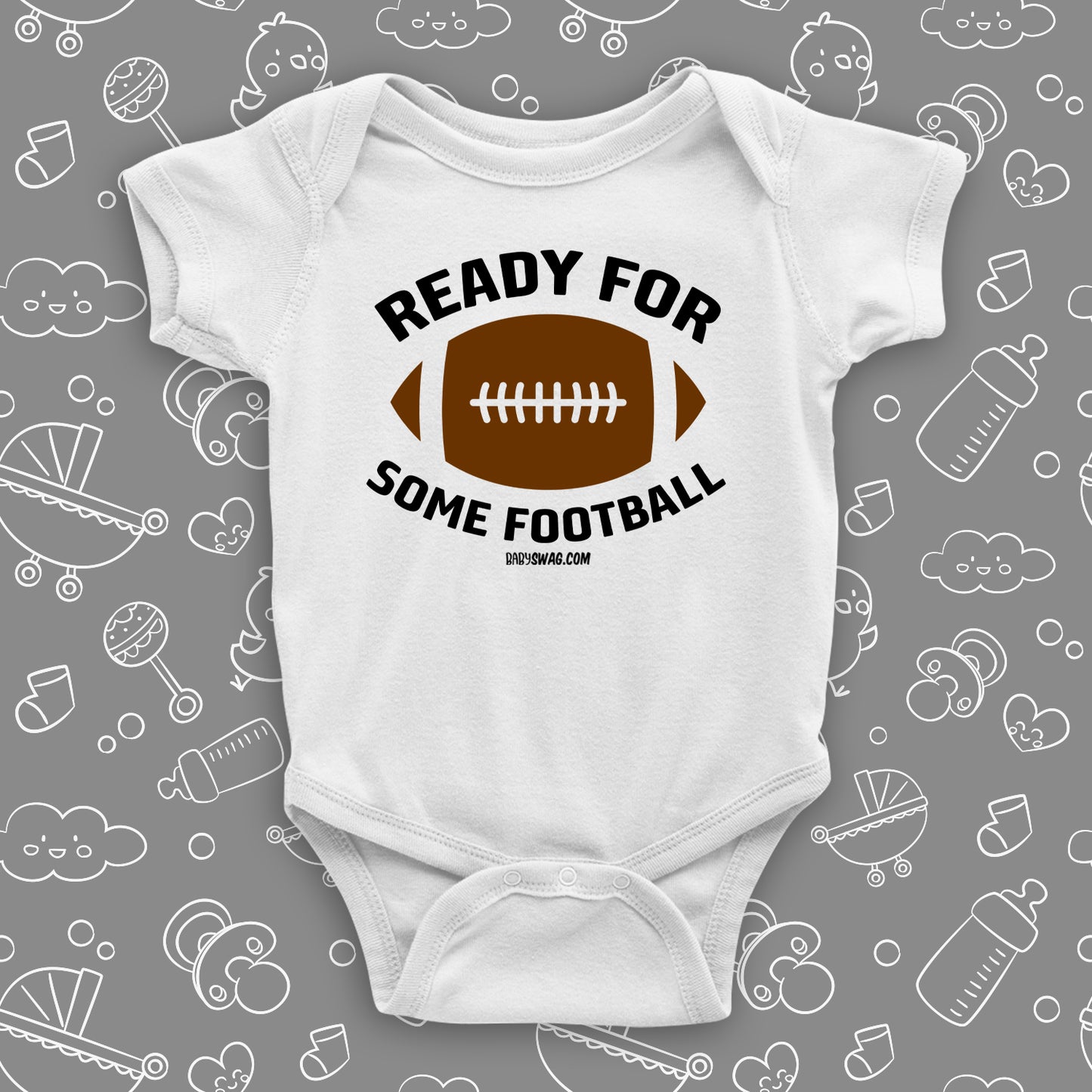 Cute baby boy onesies with saying: "Ready For Some Football" in white.