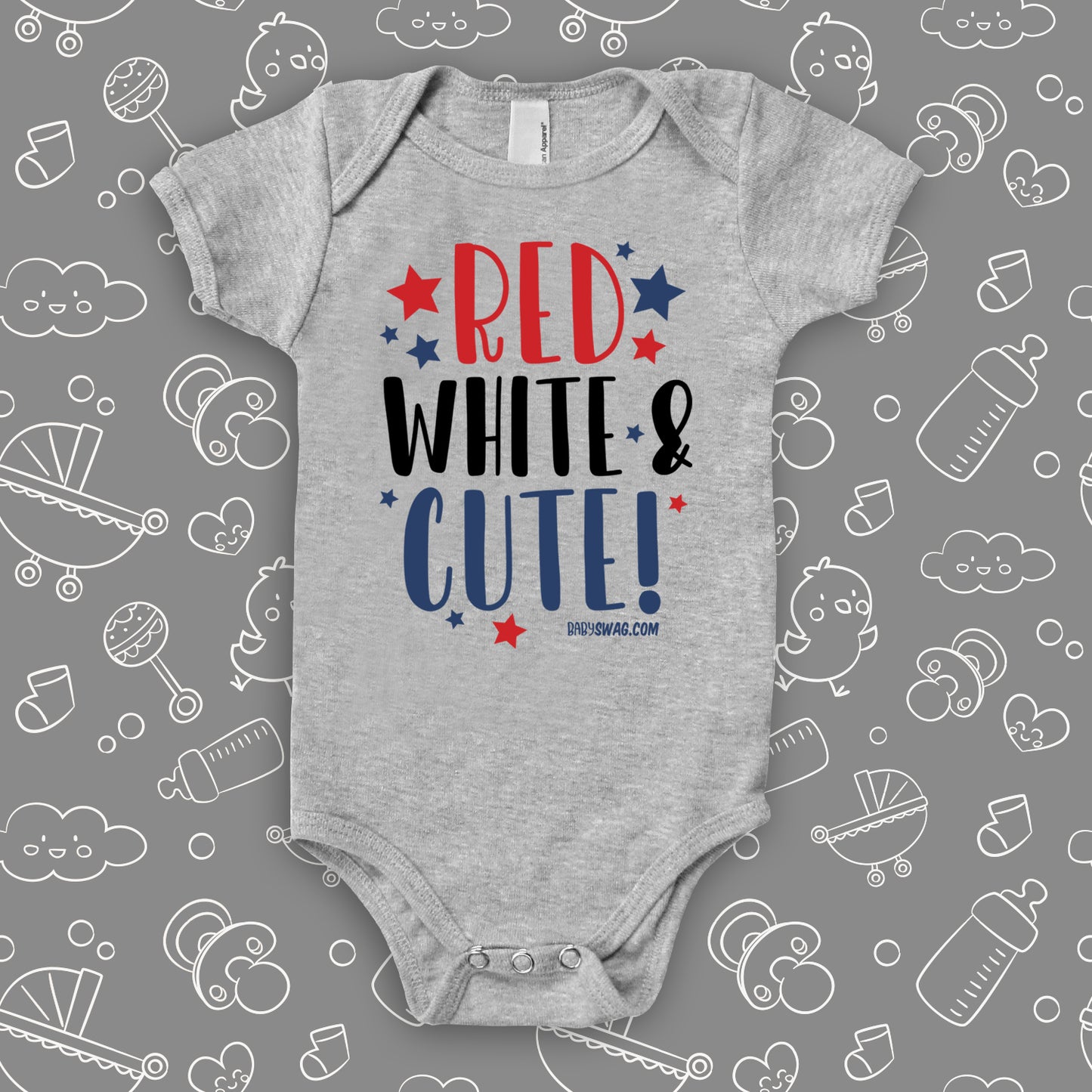 Cute baby onesies with a saying "Red, White & Bows!" in grey.