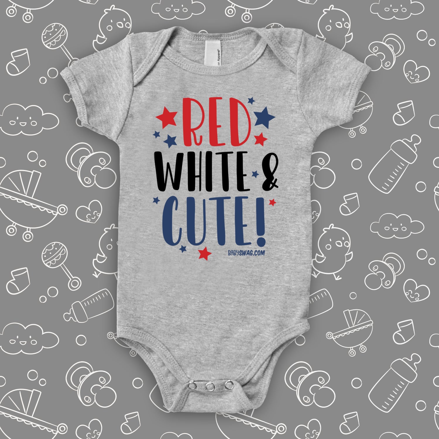 Cute baby onesies with a saying "Red, White & Bows!" in grey.