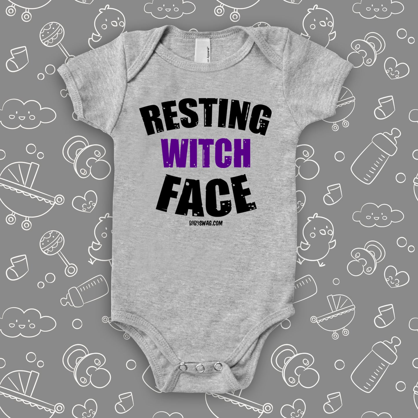 Funny baby onesies with saying "Resting Witch Face" in grey.