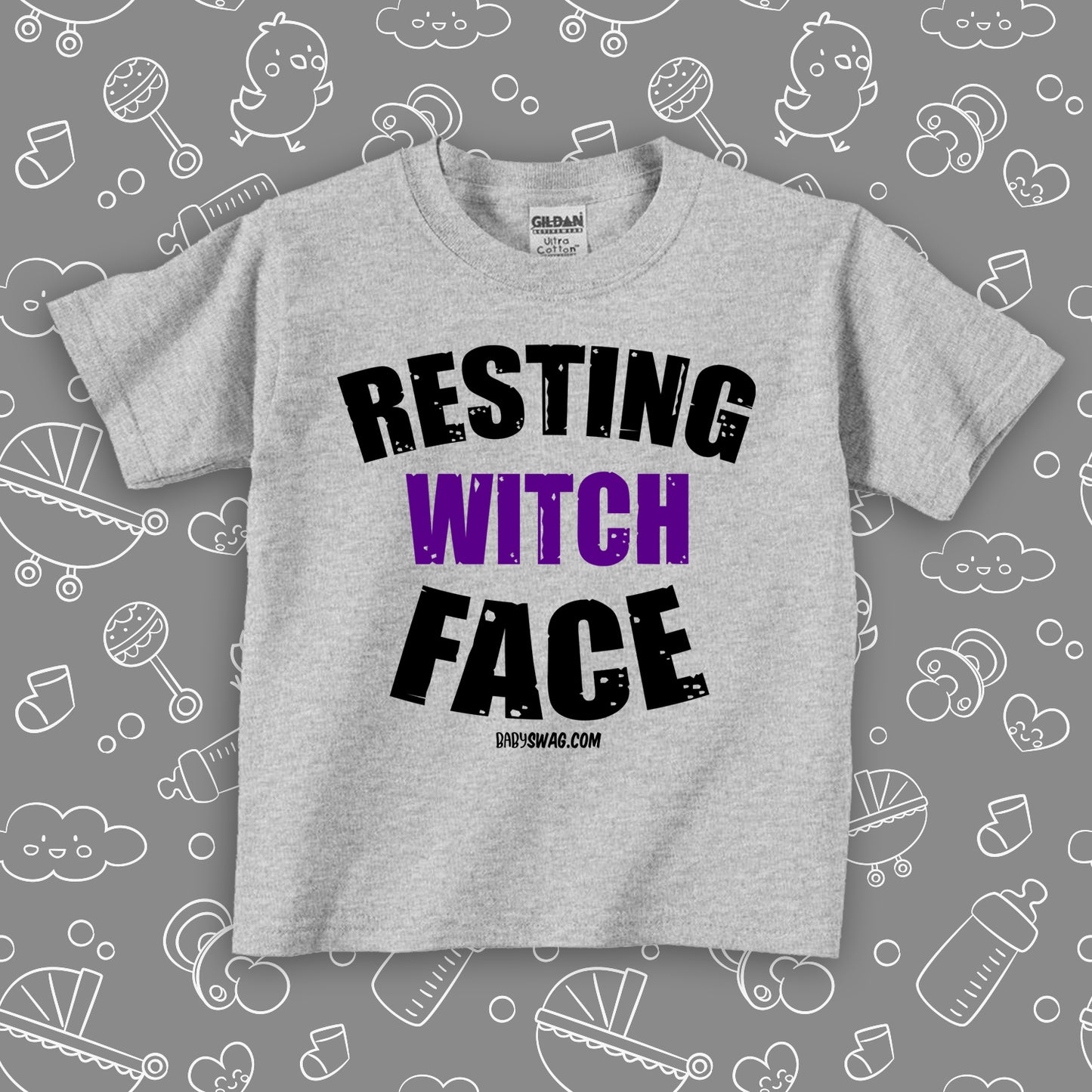 Funny toddler shirt with saying "Resting Witch Face" in grey.