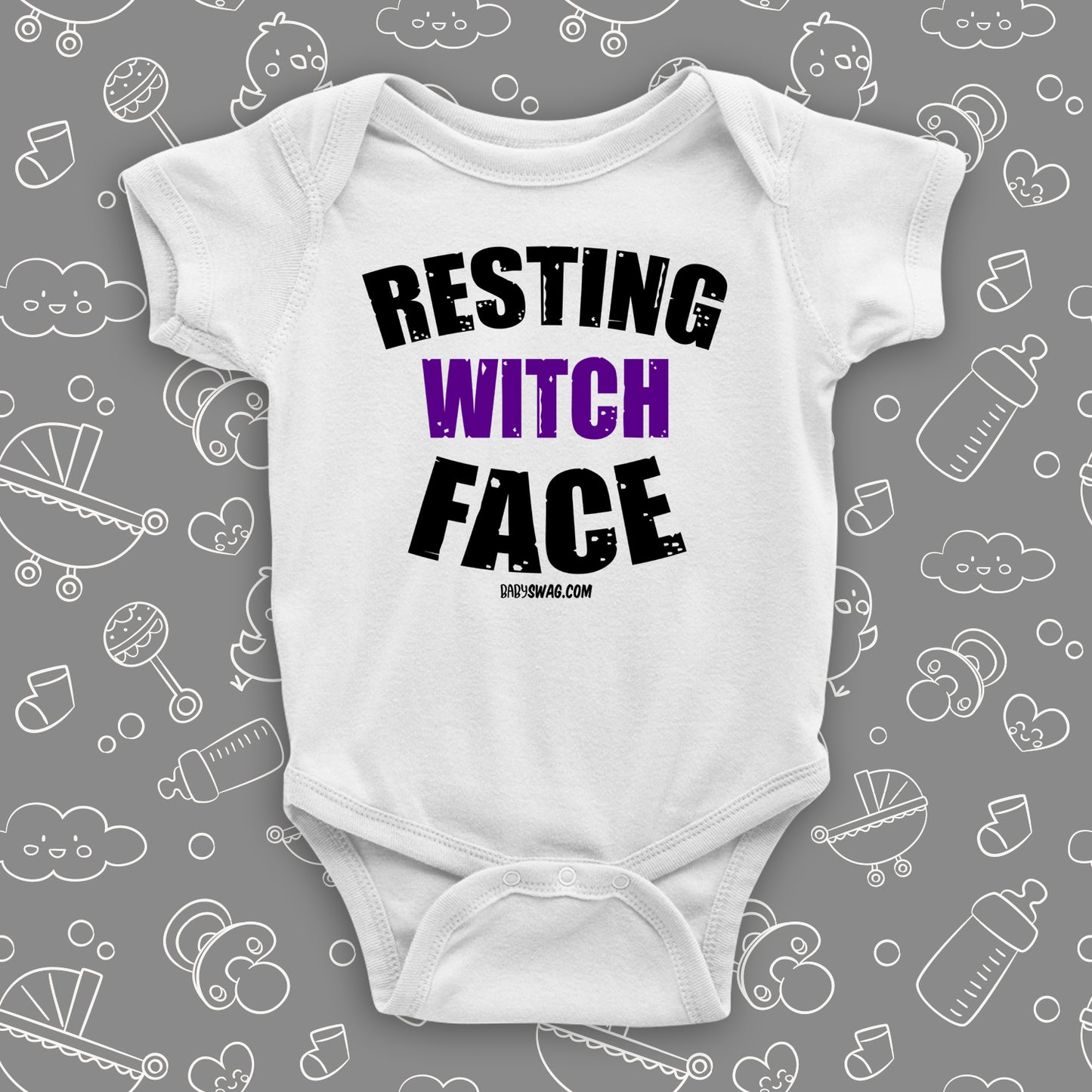 Funny baby onesies with saying "Resting Witch Face" in white.