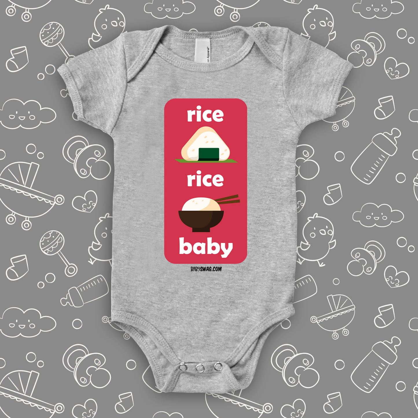 The ''Rice, Rice, Baby'' badass baby onesies in grey.