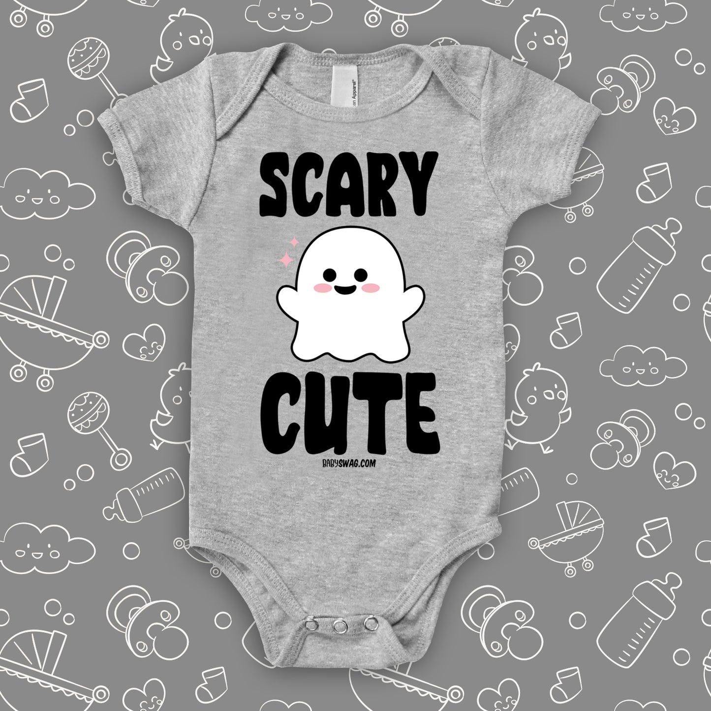 Baby girl onesies with saying "Scary Cute" in grey.