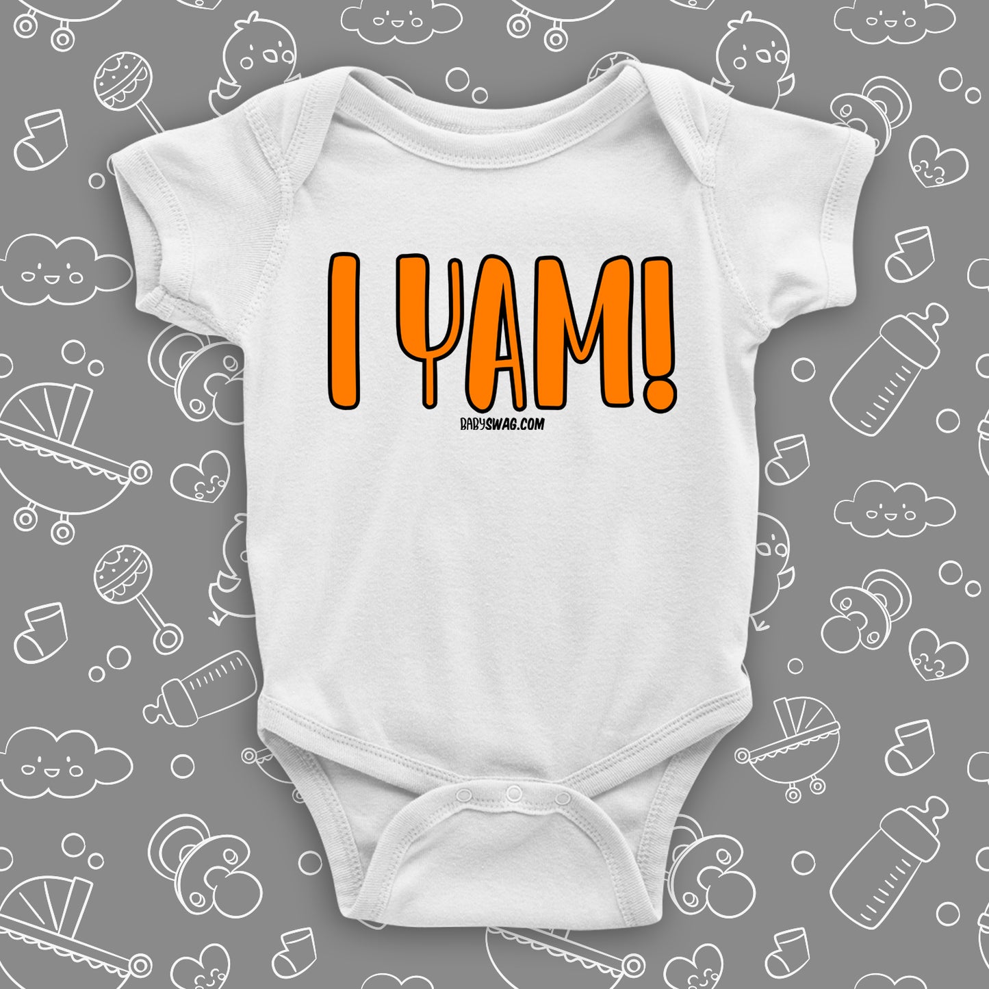 Cute baby onesie with saying "I Yam" in white.
